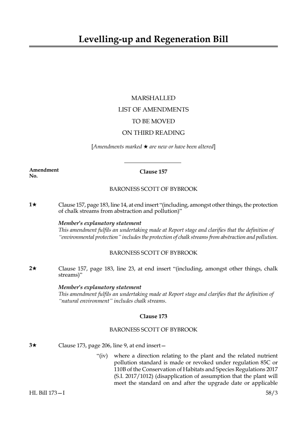 Levelling-up and Regeneration Bill Marshalled List of amendments to be moved on third reading