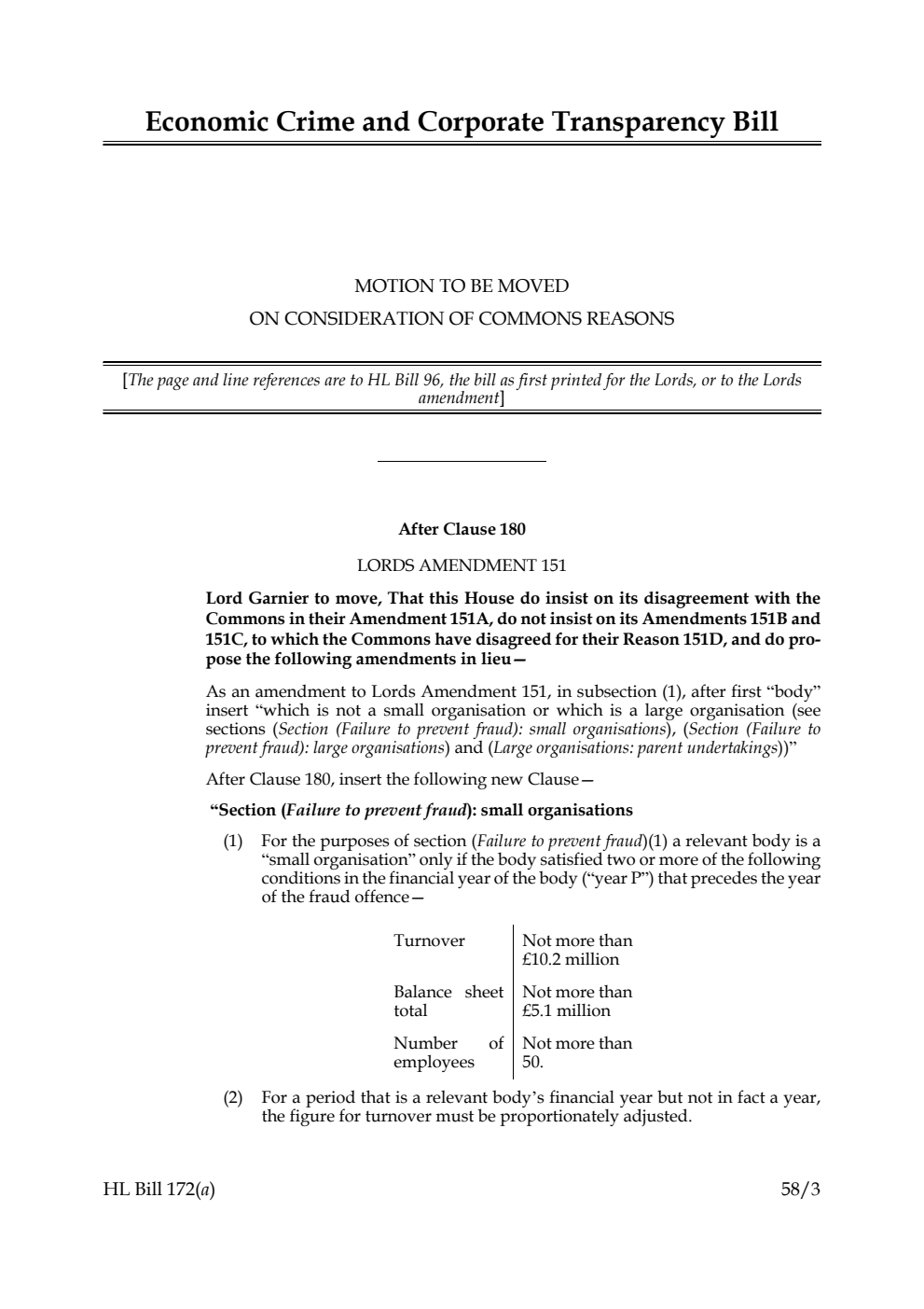 Economic Crime and Corporate Transparency Bill Motion to be moved on Consideration of Commons reasons