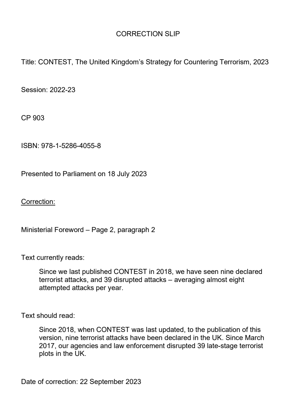 CONTEST: The United Kingdom’s Strategy for Countering Terrorism 2023. 2nd Correction Slip, September 2023