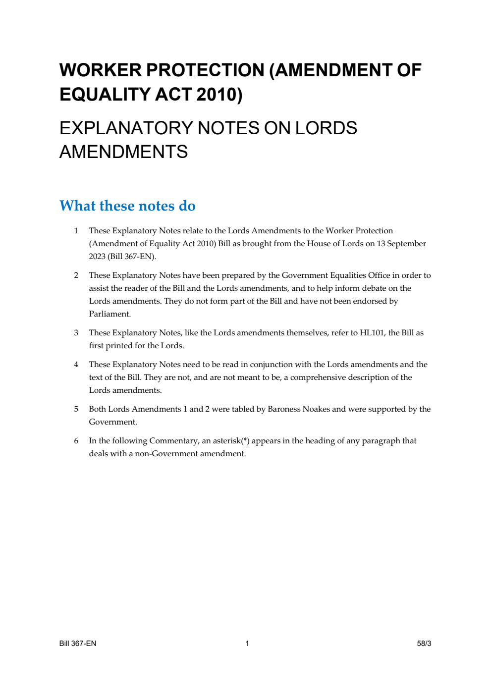 Worker Protection (Amendment of Equality Act 2010) Bill Explanatory Notes on Lords Amendments