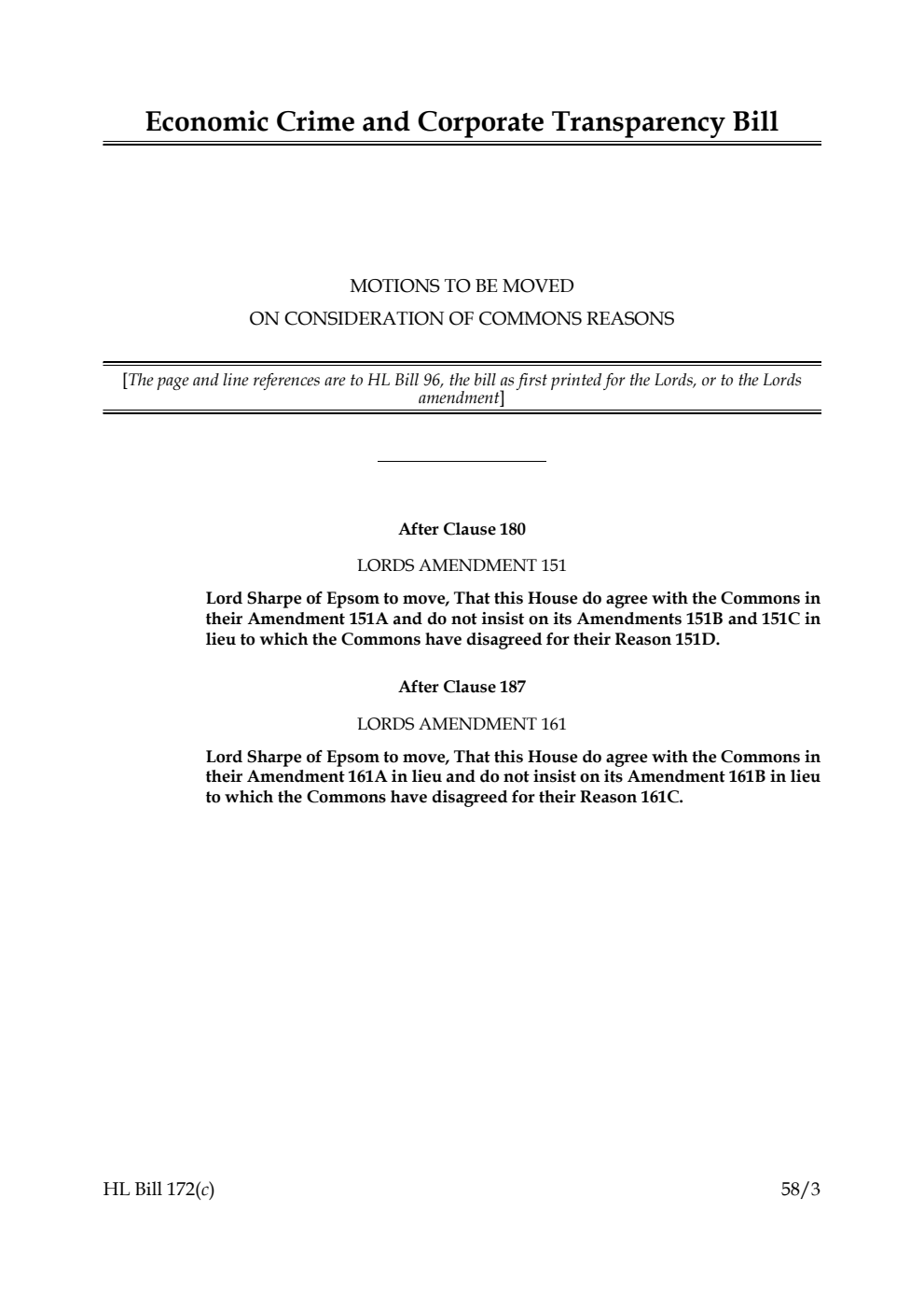 Economic Crime and Corporate Transparency Bill Motions to be moved on Consideration of Commons reasons
