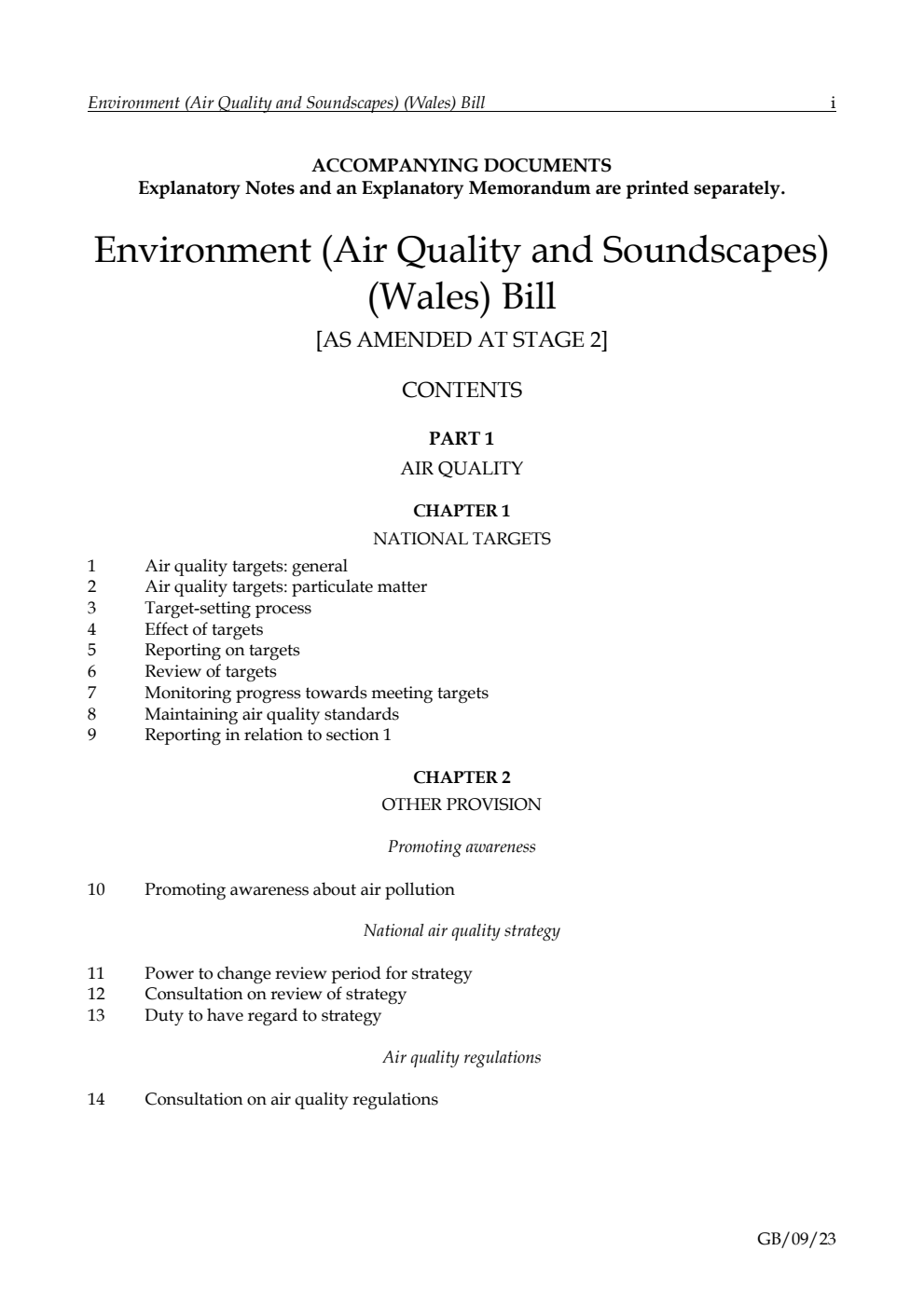 Environment (Air Quality and Soundscapes) (Wales) Bill [as amended at Stage 2]