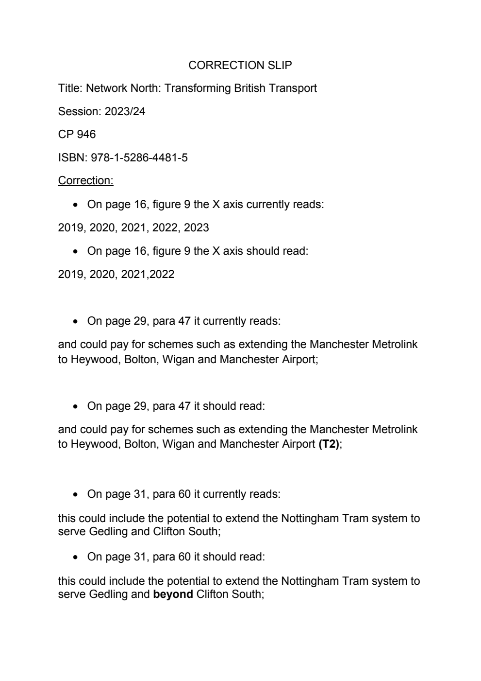 Network North: Transforming British transport. Correction Slip, October 2023