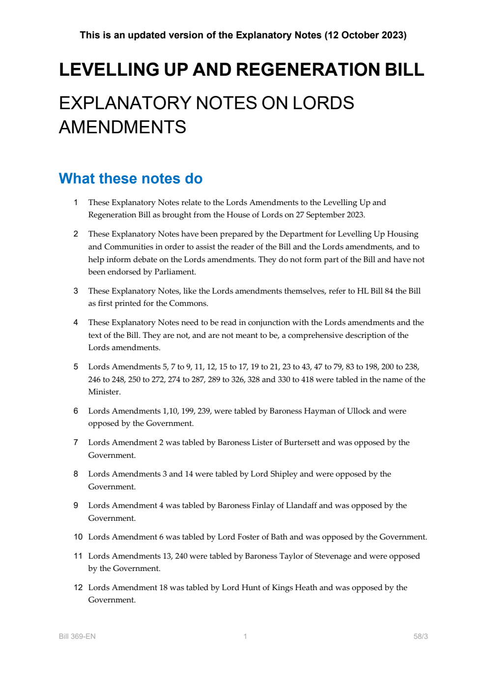 Levelling-up and Regeneration Bill Explanatory Notes on Lords Amendments