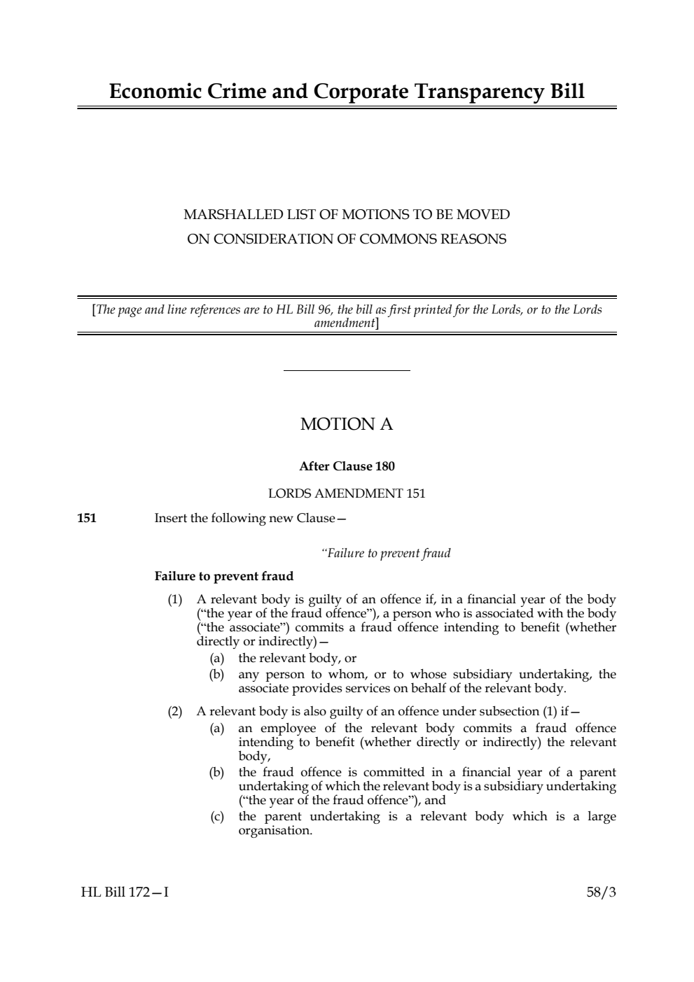 Economic Crime and Corporate Transparency Bill Marshalled List of Motions to be moved on Consideration of Commons reasons