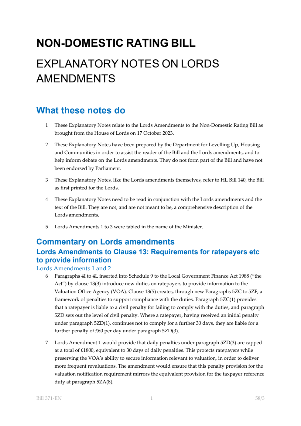 Non-Domestic Rating Bill Explanatory Notes on Lords Amendments
