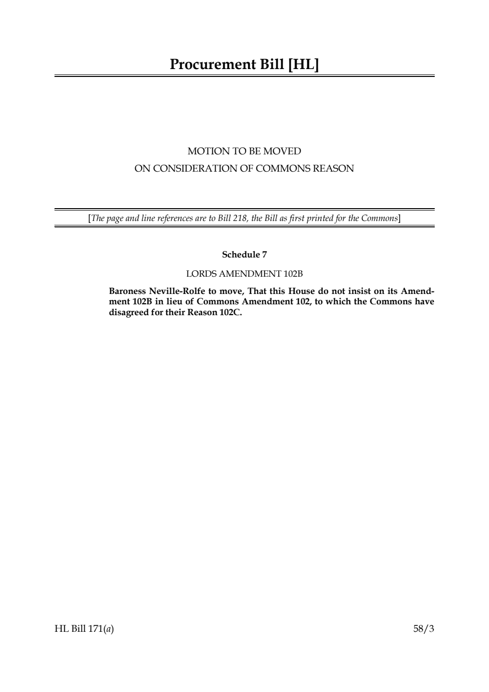 Procurement Bill Motion to be moved on consideration of Commons reason