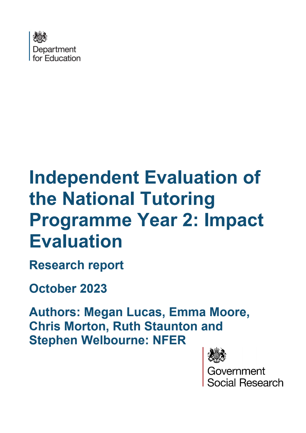 DFE-RR1370 Independent Evaluation of the National Tutoring Programme Year 2: Impact Evaluation. Research report. October 2023