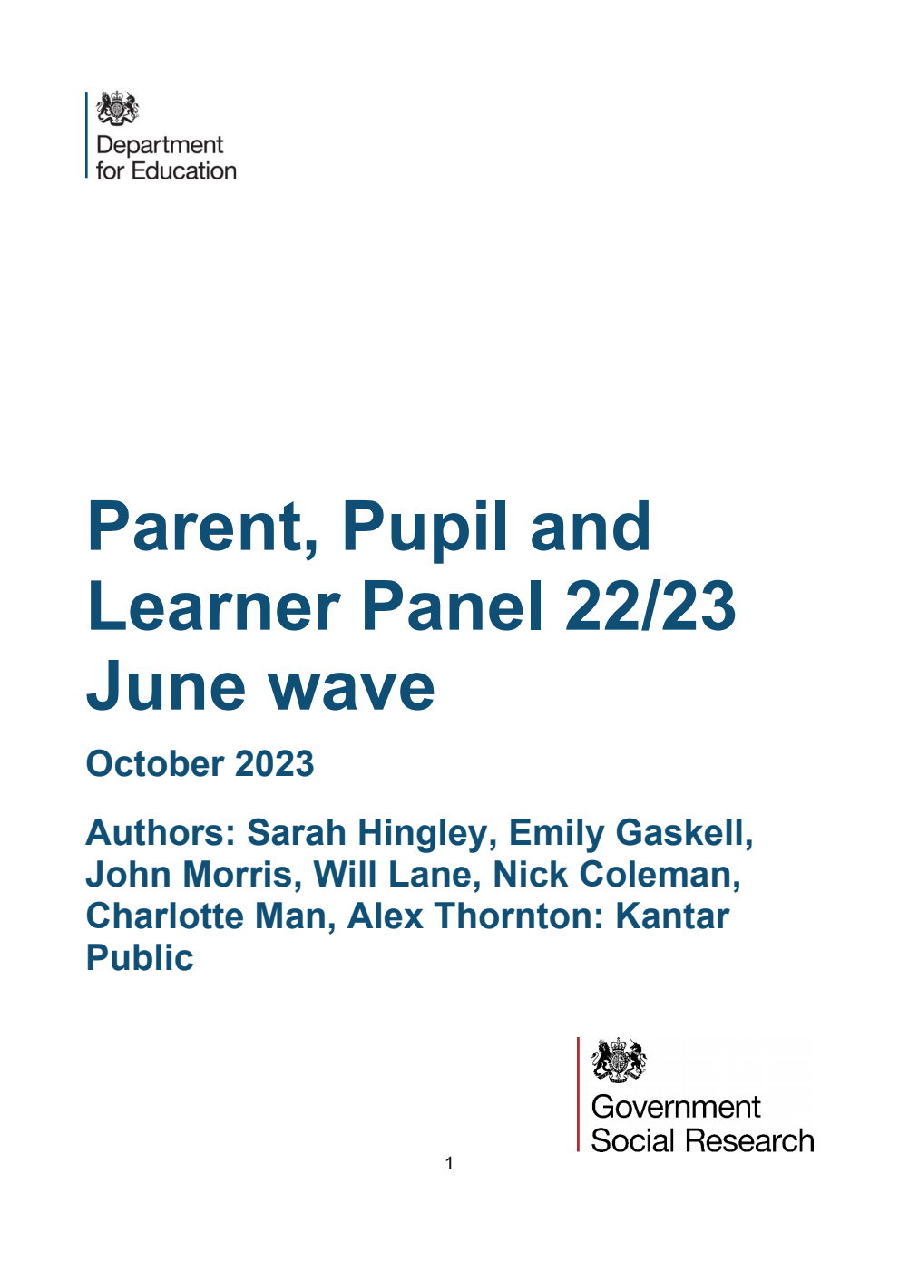 DFE-RR1377 Parent, Pupil and Learner Panel 22/23 June wave. October 2023