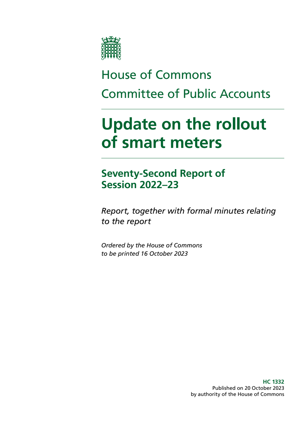 Public Accounts Committee 72nd Report. Update on the rollout of smart meters