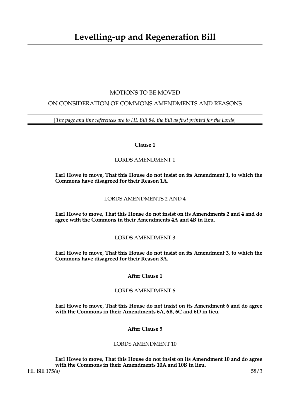 Levelling-up and Regeneration Bill Motions to be moved on consideration of Commons amendments and reasons