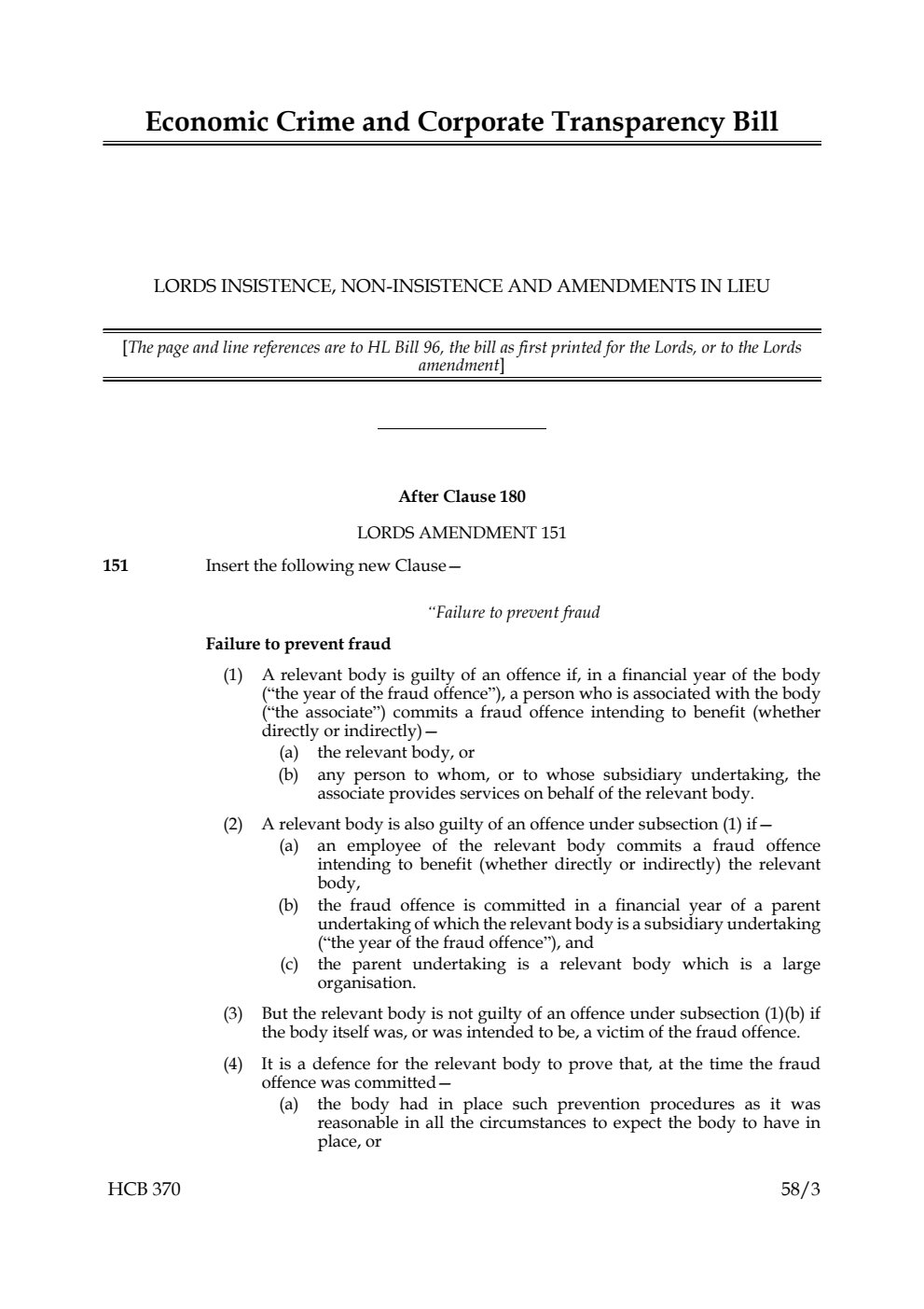 Economic Crime and Corporate Transparency Bill Lords insistence, non-insistence and amendments in lieu