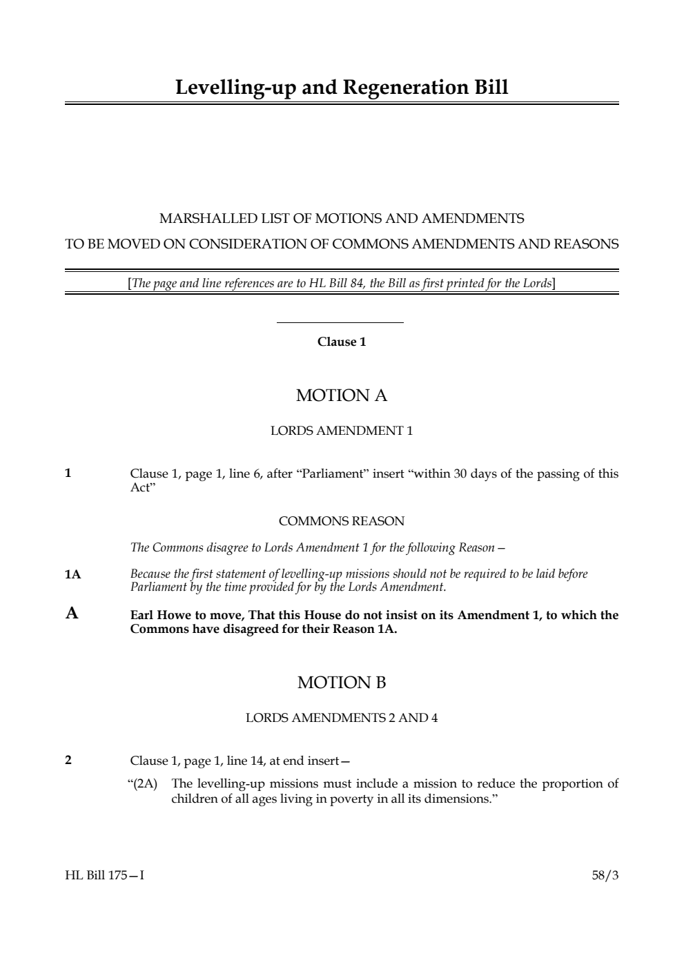 Levelling-up and Regeneration Bill Marshalled list of motions and amendments to be moved on consideration of Commons amendments and reasons