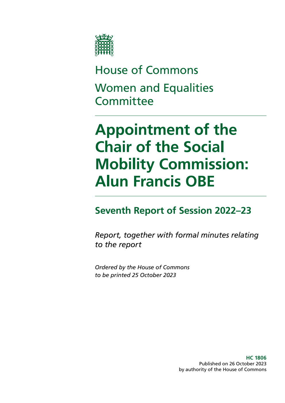 Women and Equalities Committee 7th Report.  Appointment of the Chair of the Social Mobility Commission: Alun Francis OBE