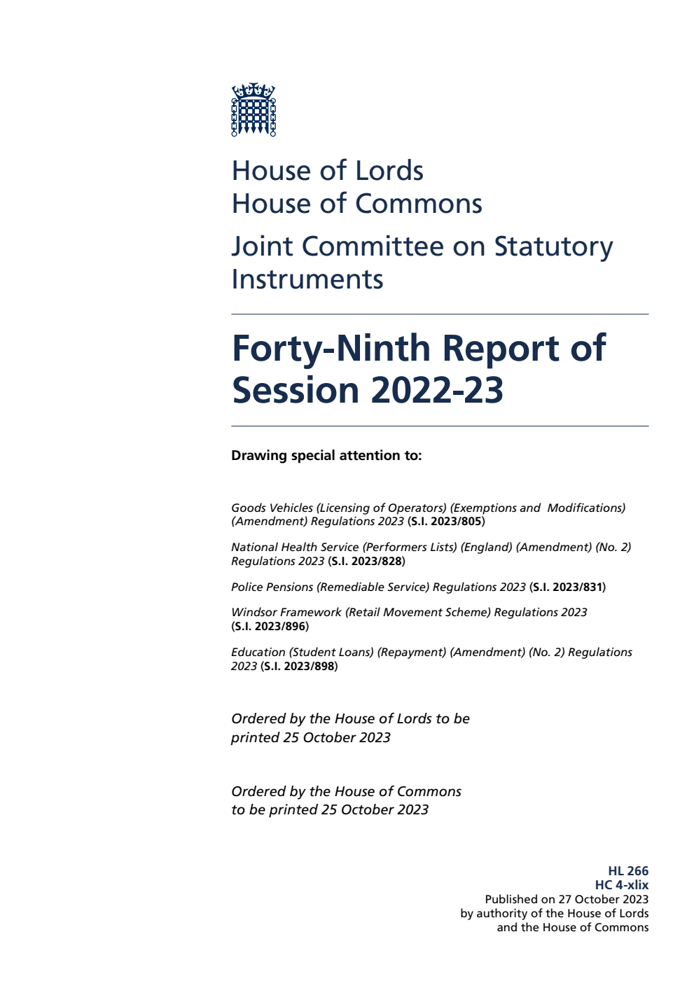 Joint Committee on Statutory Instruments 49th Report of Session 2022-23