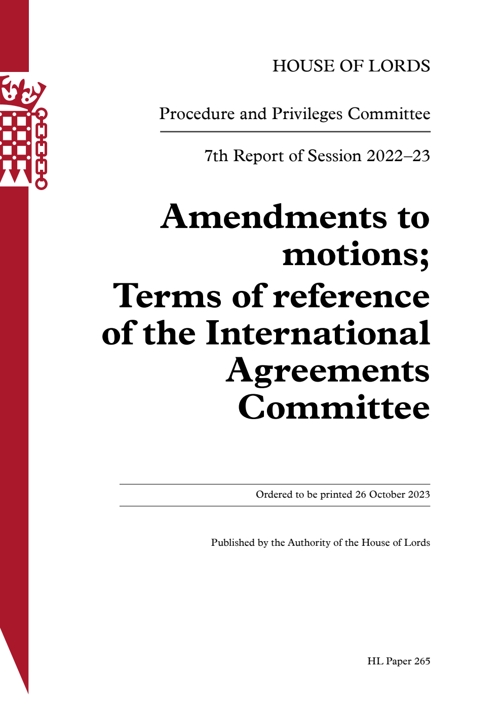 Procedure and Privileges Committee 7th Report. Amendments to motions; Terms of reference of the International Agreements Committee