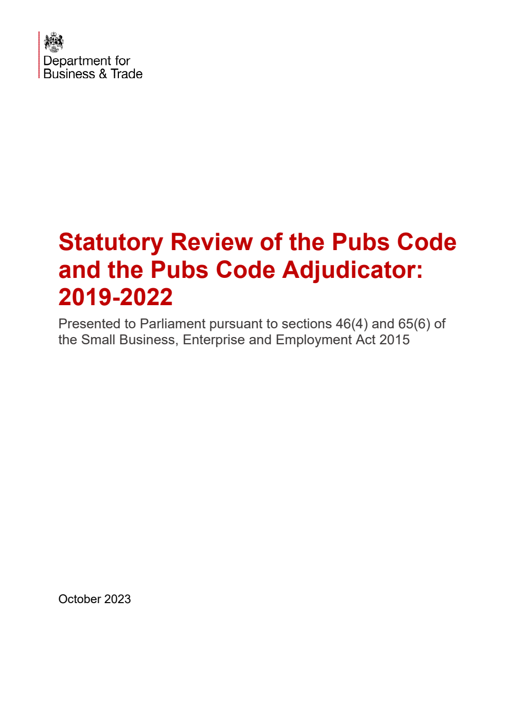 Statutory Review of the Pubs Code and the Pubs Code Adjudicator: 2019-2022