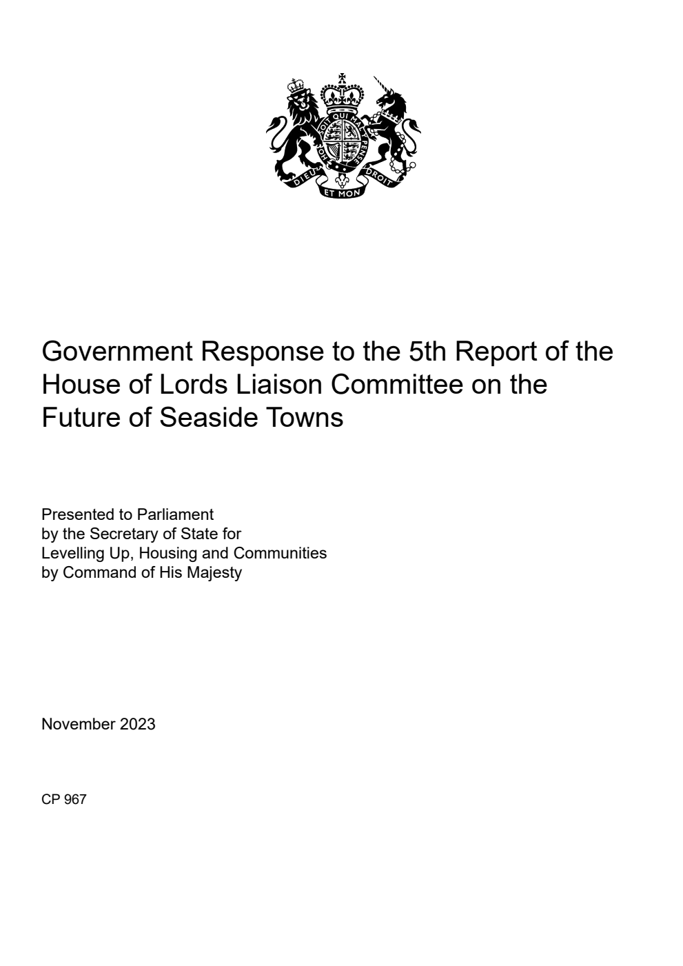 Government Response to the 5th Report of the House of Lords Liaison Committee on the Future of Seaside Towns