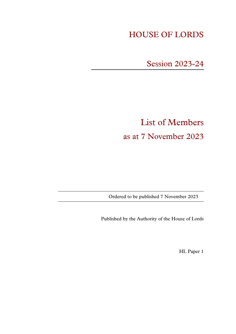 House of Lords: List of Members as at 7 November 2023