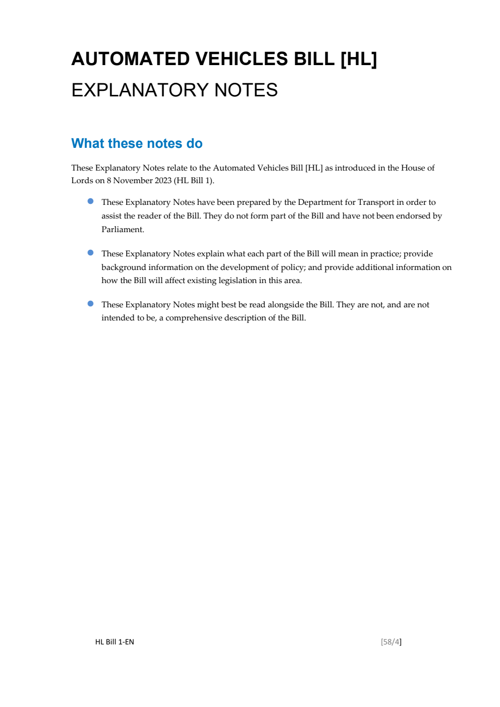 Automated Vehicles Bill Explanatory Notes
