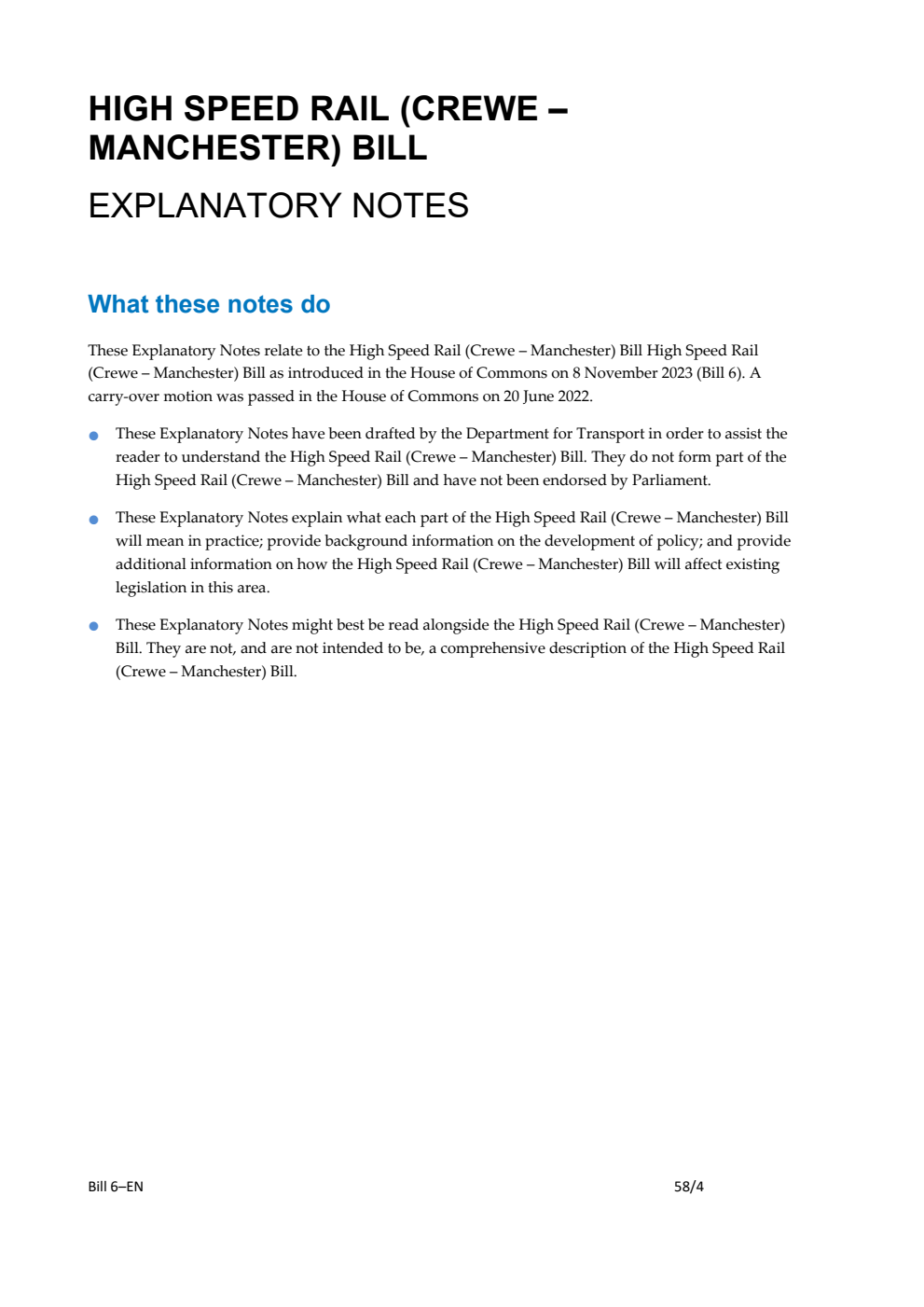 High Speed Rail (Crewe - Manchester) Bill Explanatory Notes