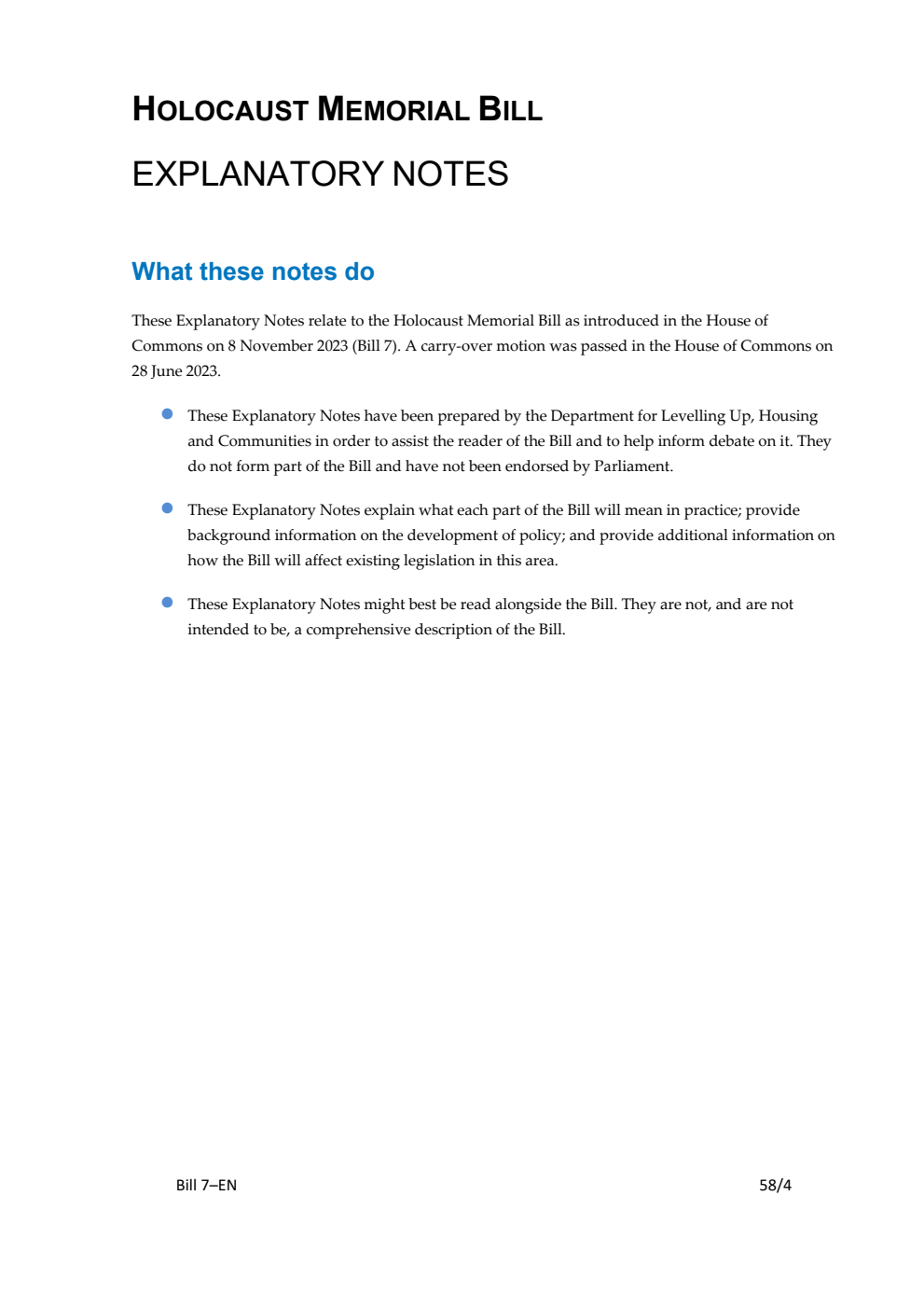 Holocaust Memorial Bill Explanatory Notes