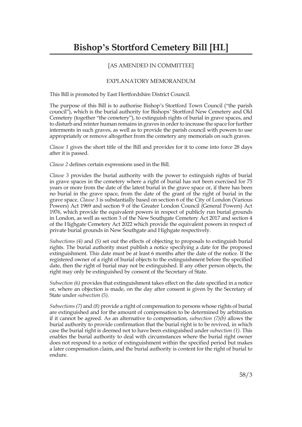 Bishop’s Stortford Cemetery Bill [as amended in Committee]