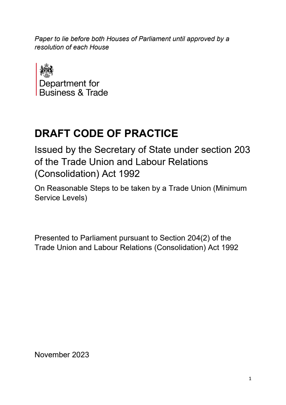 Draft Code of Practice on Reasonable Steps to be taken by a Trade Union (Minimum Service Levels)