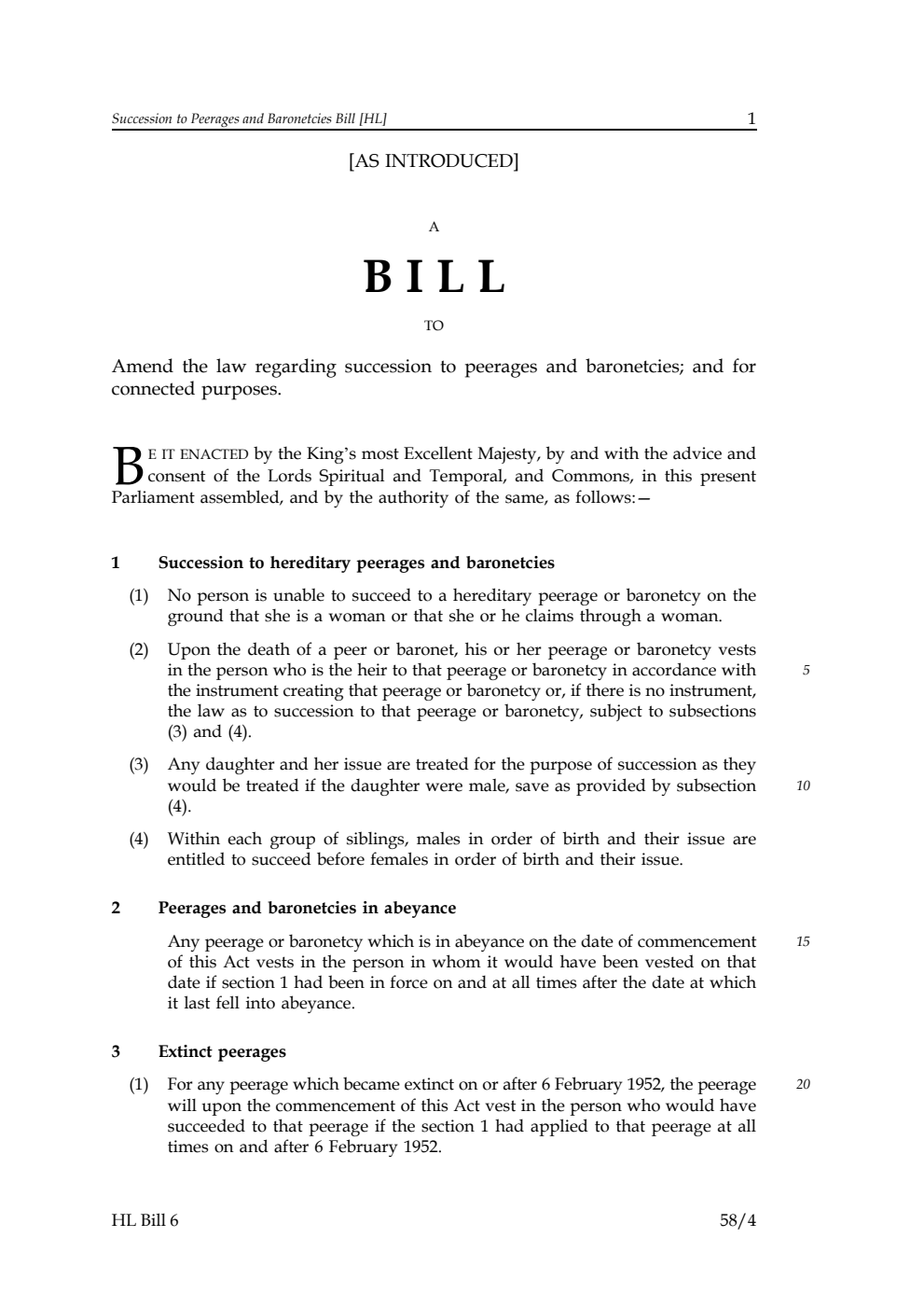 Succession to Peerages and Baronetcies Bill