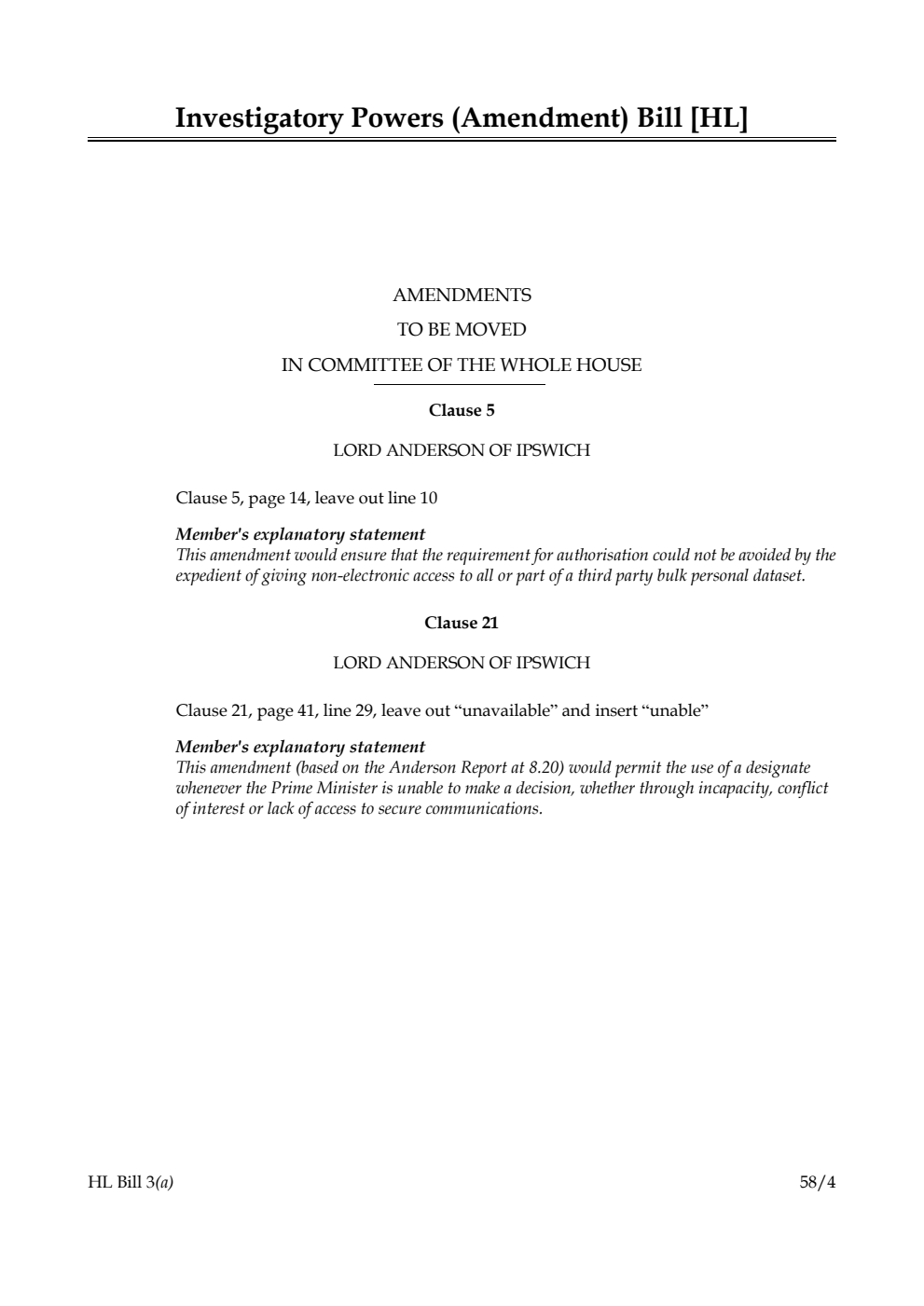 Investigatory Powers (Amendment) Bill Amendments to be moved in Committee of the Whole House
