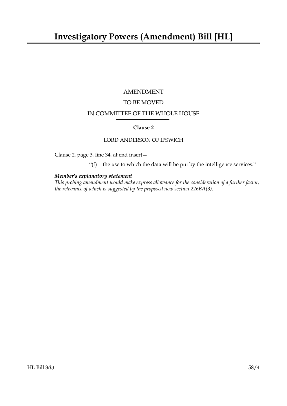 Investigatory Powers (Amendment) Bill Amendment to be moved in committee of the whole House