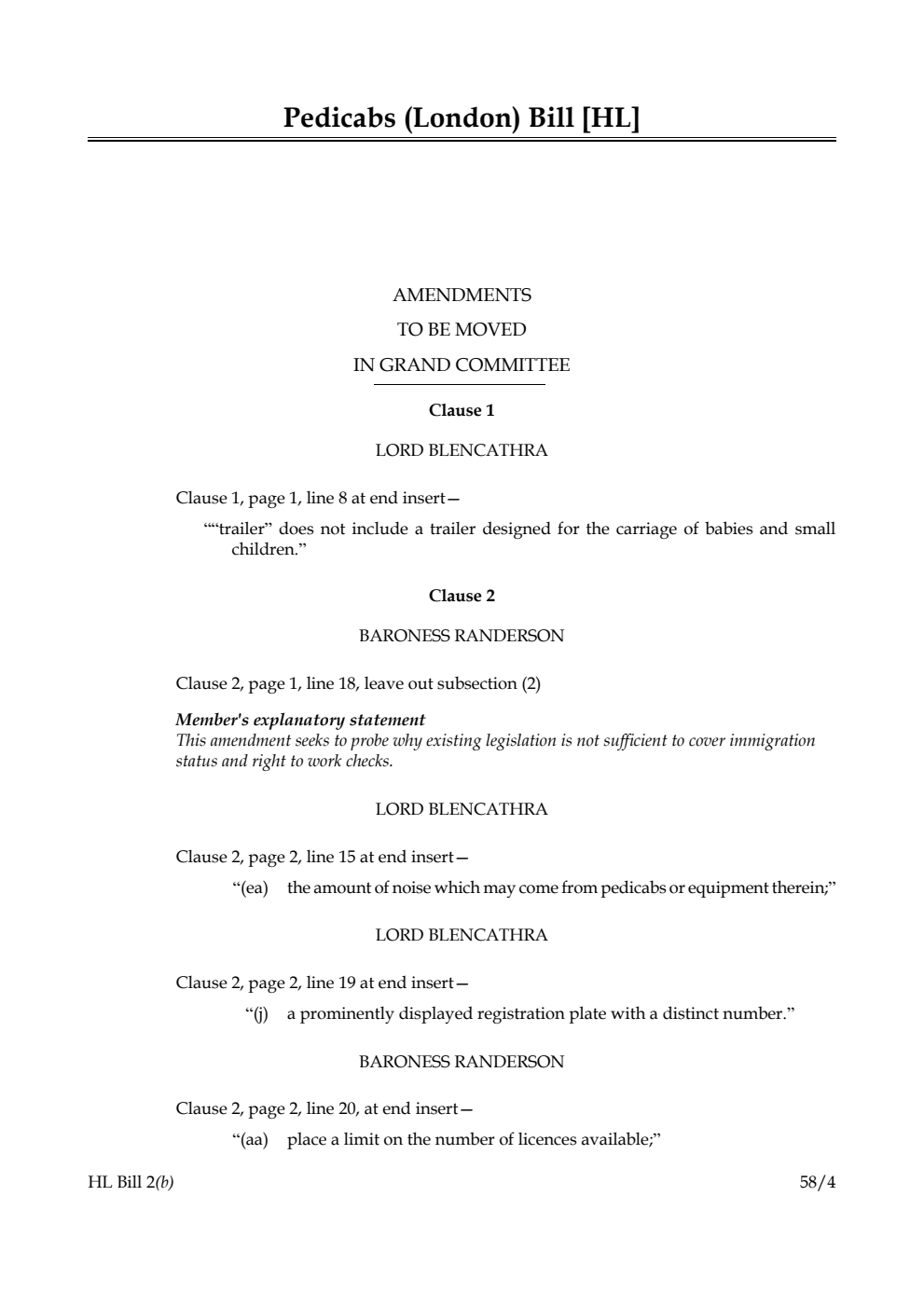 Pedicabs (London) Bill Amendments to be moved in Grand Committee