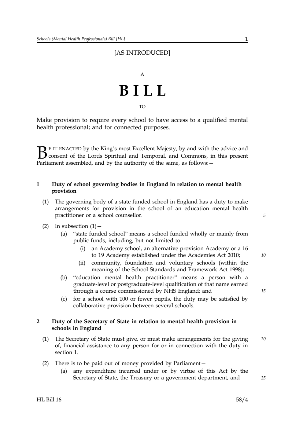 Schools (Mental Health Professionals) Bill