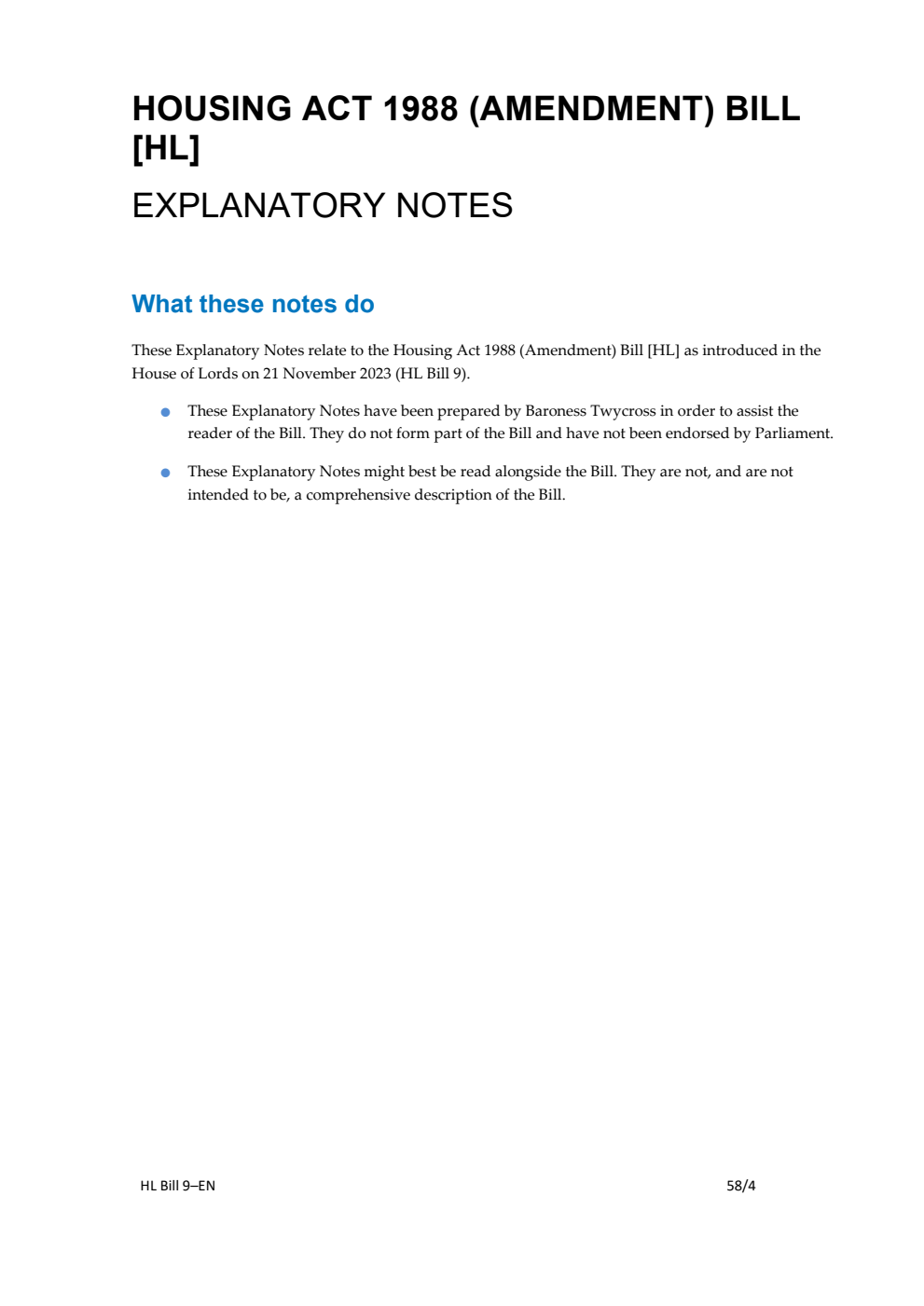 Housing Act 1988 (Amendment) Bill Explanatory Notes