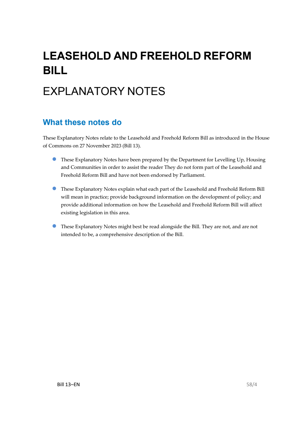 Leasehold and Freehold Reform Bill Explanatory Notes