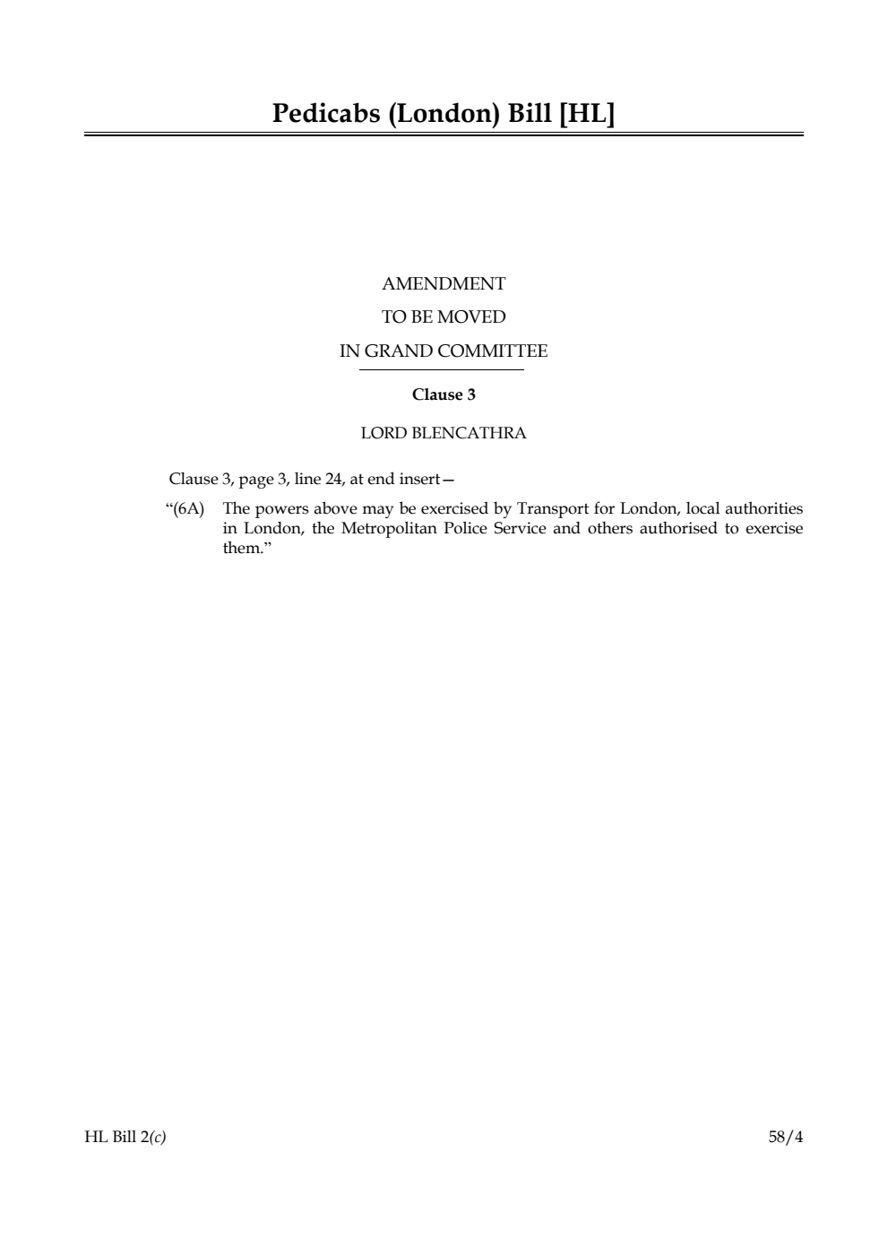 Pedicabs (London) Bill Amendment to be moved in Grand Committee