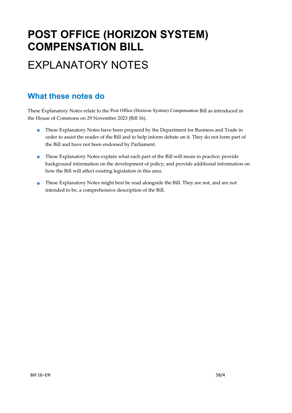 Post Office (Horizon System) Compensation Bill Explanatory Notes