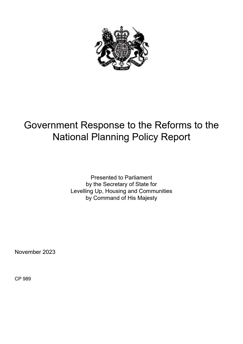 Government Response to the Reforms to the National Planning Policy Report