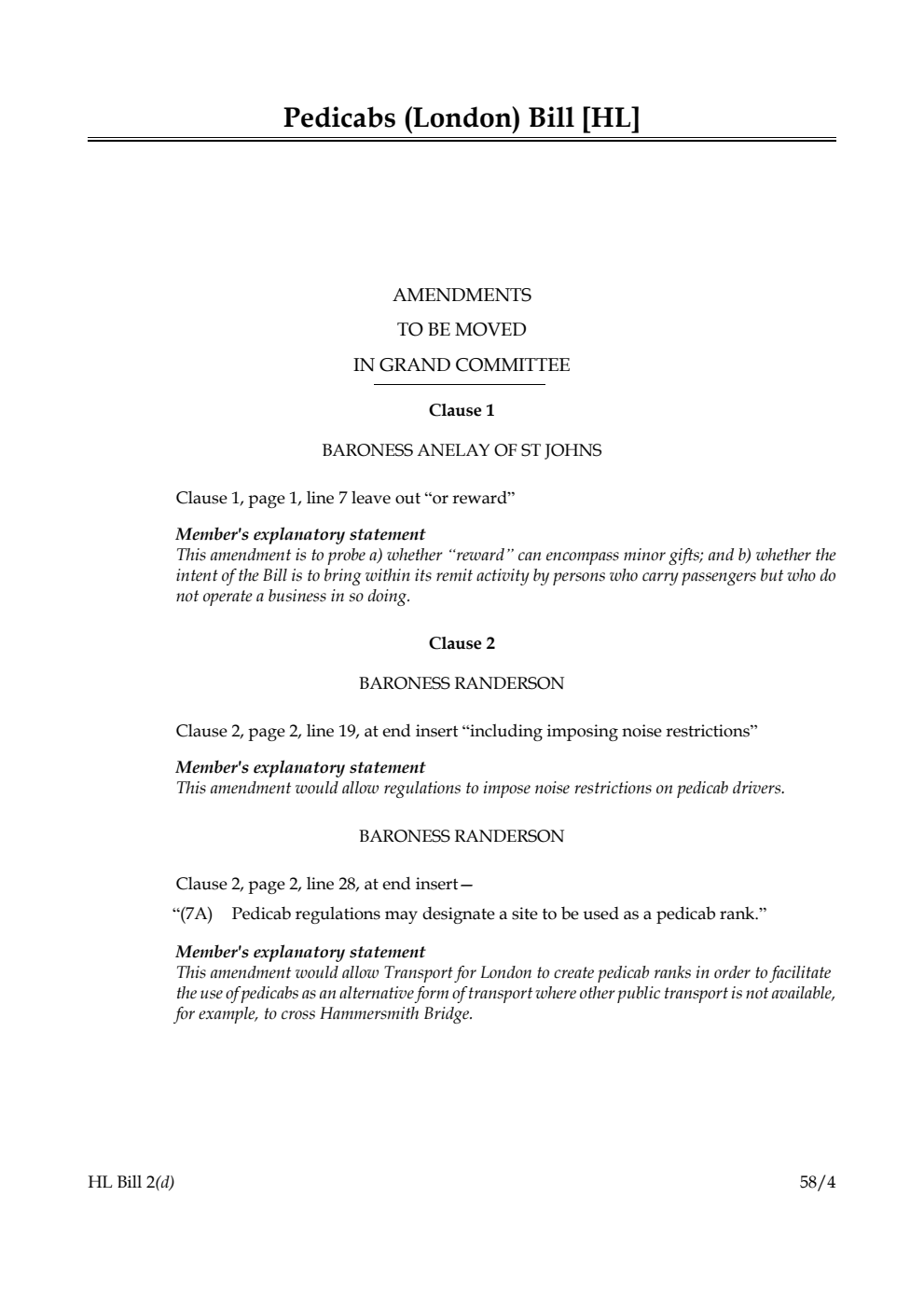 Pedicabs (London) Bill Amendments to be moved in Grand Committee