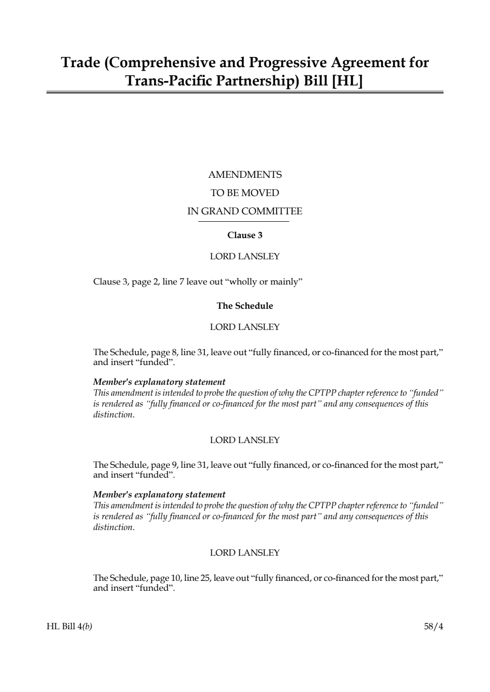 Trade (Comprehensive and Progressive Agreement for Trans-Pacific Partnership) Bill amendments to be moved in Grand Committee