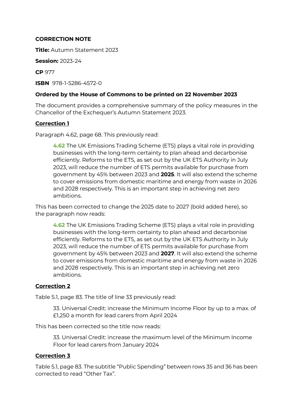 Autumn Statement 2023. Correction Slip, November 2023