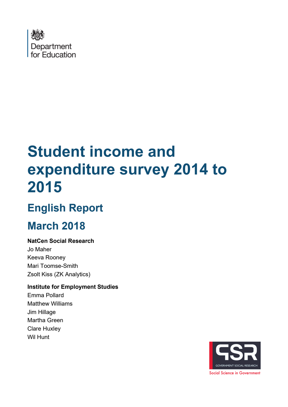 DFE-RR700 Student income and expenditure survey 2014 to 2015. English Report. March 2018