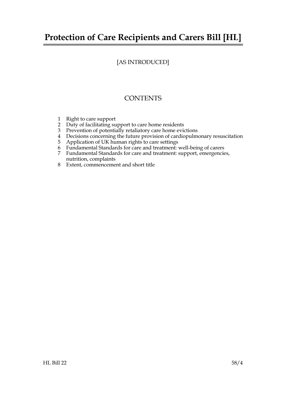 Protection of Care Recipients and Carers Bill