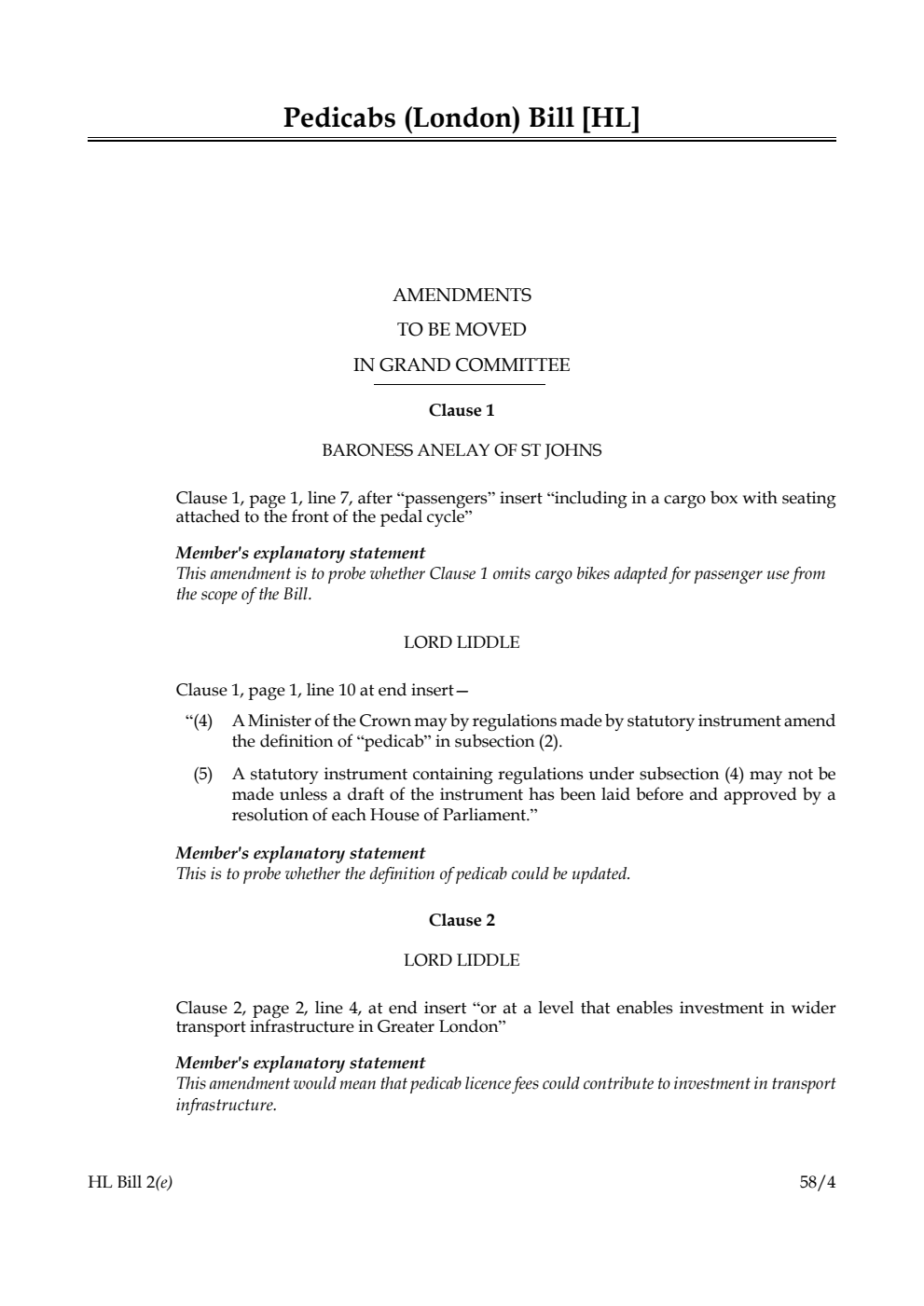 Pedicabs (London) Bill Amendments to be moved in Grand Committee