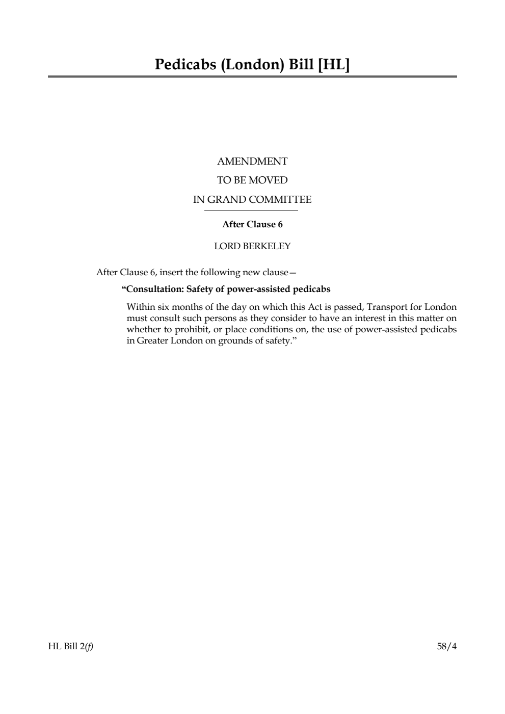 Pedicabs (London) Bill Amendment to be moved in Grand Committee