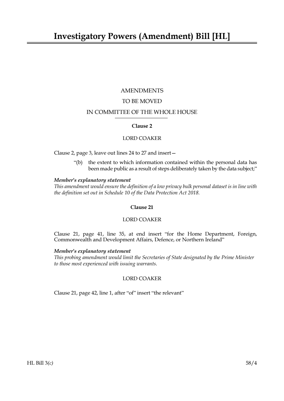 Investigatory Powers (Amendment) Bill Amendments to be moved in Committee of the Whole House