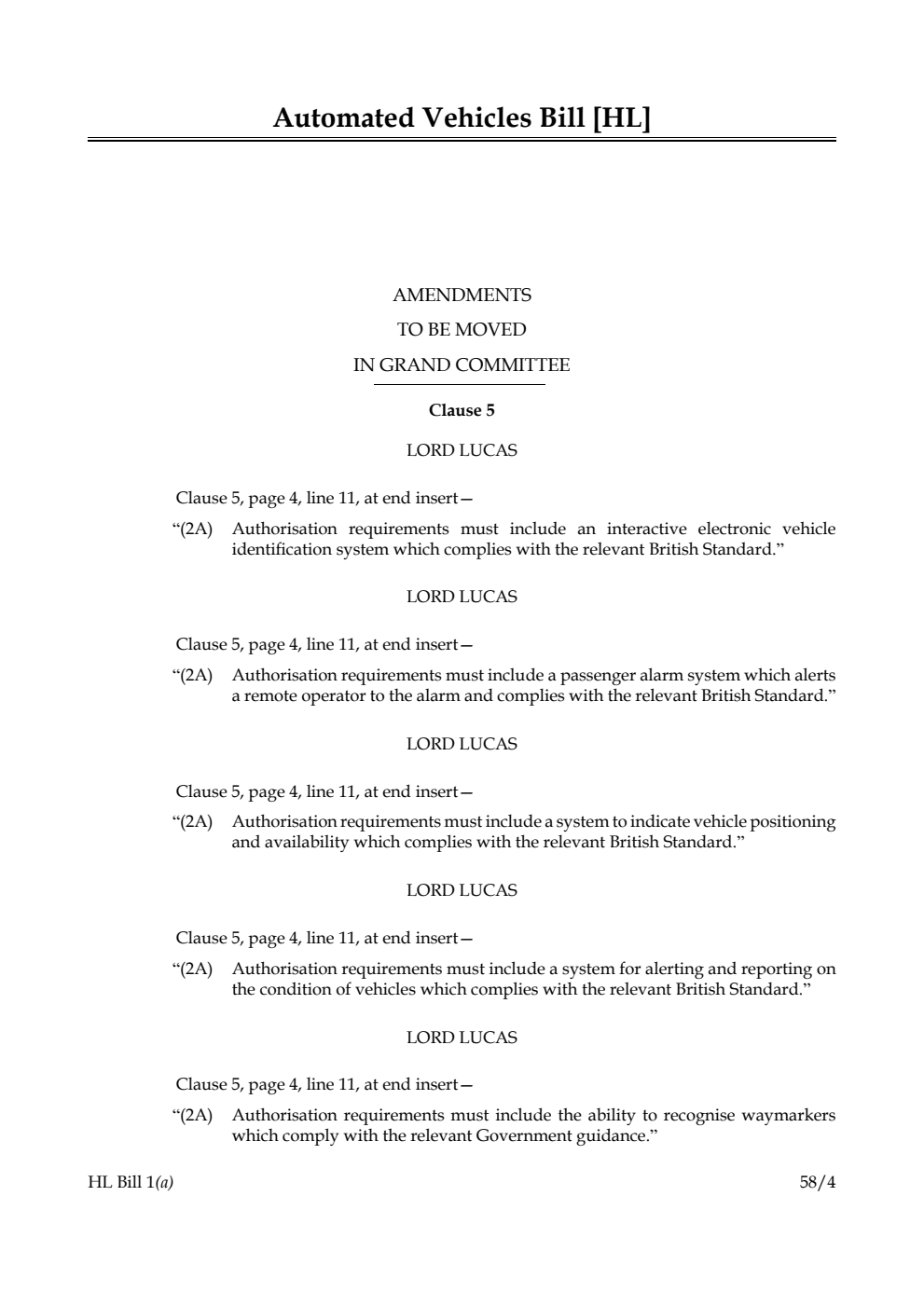 Automated Vehicles Bill Amendments to be moved in Grand Committee