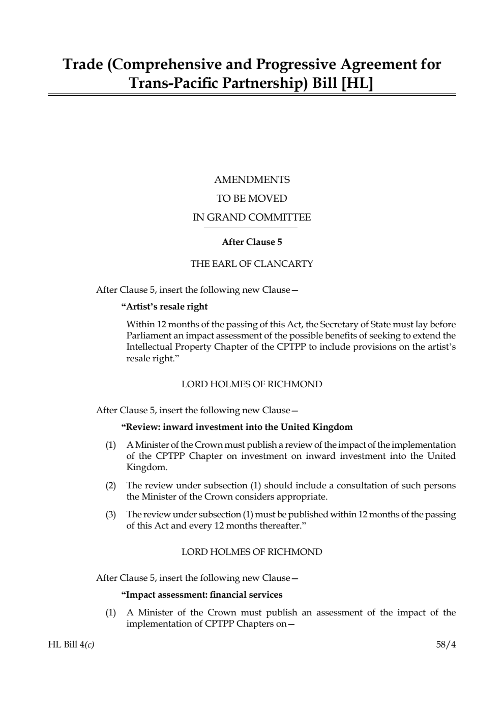 Trade (Comprehensive and Progressive Agreement for Trans-Pacific Partnership) Bill Amendments to be moved in Grand Committee