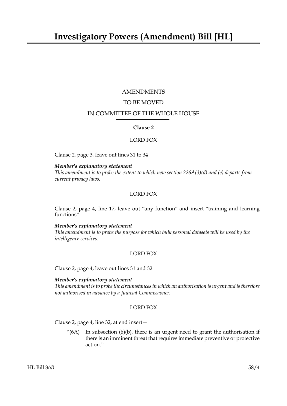 Investigatory Powers (Amendment) Bill Amendments to be moved in Committee of the Whole House