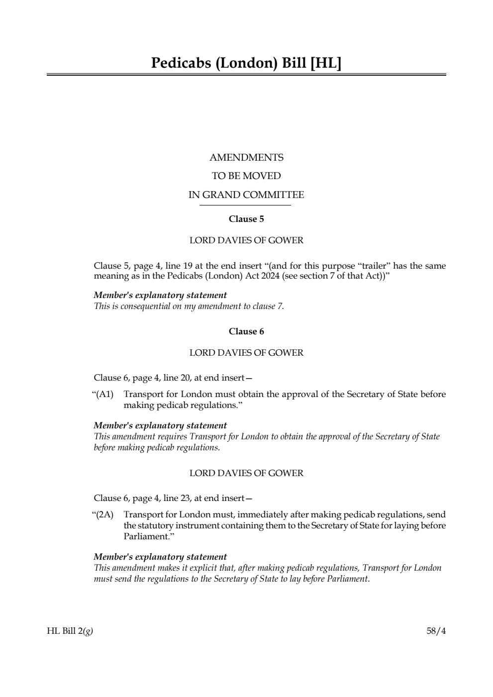 Pedicabs (London) Bill Amendments to be moved in Grand Committee
